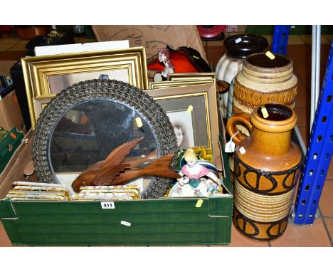 TWO BOXES OF SUNDRIES AND A GROUP OF VINTAGE WEST GERMAN VASES, to include a Scheurich-Keramik 292-34 brown and cream vase, h