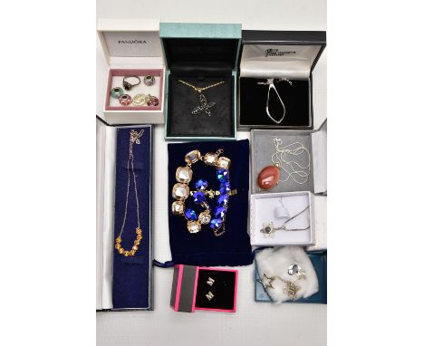 AN ASSORTMENT WHITE METAL JEWELLERY, to include six white metal necklaces, each stamped 925, a yellow metal necklace stamped 