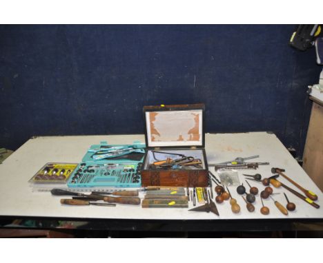 A COLLECTION OF TOOLS including miniature woodworking chisels, two screw pin drills, a miniature anvil, small pliers, snips, 