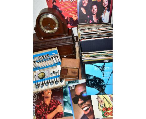 ONE BOX OF LP RECORDS AND A VINTAGE SINGER SEWING MACHINE, to include over one hundred L.P records dating from the late 1970'