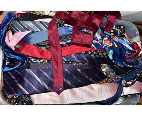 FIVE NEW AND UNUSED WAISTCOATS TOGETHER WITH A BOX OF ASSORTED NECK TIES, to include over fifty vintage and modern men's neck