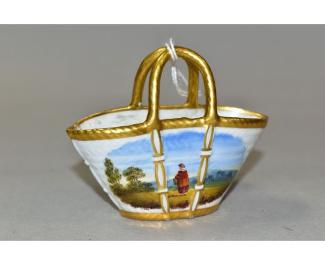 A FLIGHT BARR &amp; BARR WORCESTER MINIATURE BASKET, having basketweave texture, painted with a figure in a landscape on each