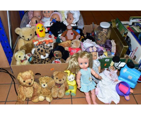 THREE BOXES OF TOYS AND GAMES, to include late twentieth century dolls by Pedigree and others, teddies and soft toys includin