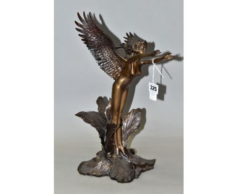 A BRONZED FIGURE OF A FAIRY, standing, with her arms outstretched, inside a flower, indistinctly signed and stamped to the ba
