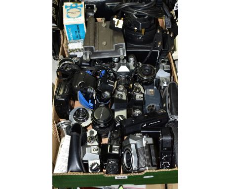 ONE BOX OF VINTAGE CAMERAS AND LENSES, to include a Zenit 11 35mm SLR camera body fitted with a Helios 58mm f2 lens, Praktika