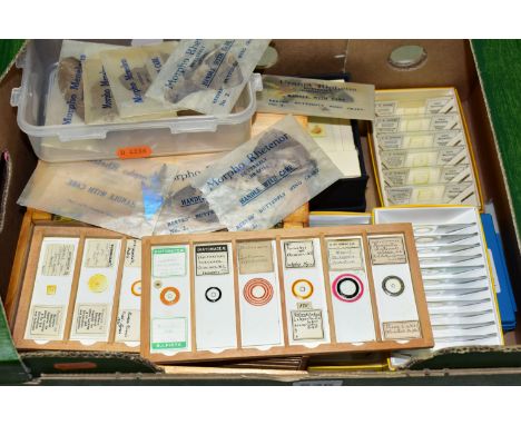 A BOX OF MICROSCOPE SLIDES AND SPECIMENS, to include approximately one hundred and thirty boxed slides, mainly modern/late tw