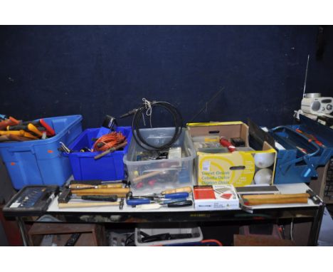 FOUR BAXES AND A TOOLBOX CONTAINING TOOLS including Marples Chisels, Neilsen Hollow punch set, A Spear and Jackson and other 