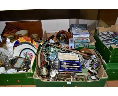 SEVEN BOXES AND LOOSE CERAMICS, METALWARES, CDS AND MISCELLANEOUS ITEMS, to include a small box of vintage Christmas baubles,