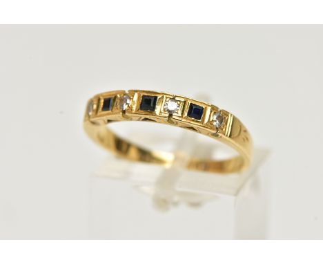 AN 18CT GOLD SAPPHIRE AND DIAMOND HALF ETERNITY RING, set with three square cut blue sapphires interspaced with four round br