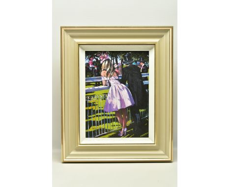 SHERREE VALENTINE DAINES (BRITISH 1959) 'VISION IN PINK', a signed limited edition print depicting figures at a horse race me