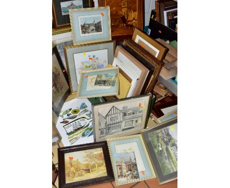 A BOX AND LOOSE SUNDRY ITEMS ETC, to include a quantity of pictures and prints including a Pamela Blanchfield Watercolour dep