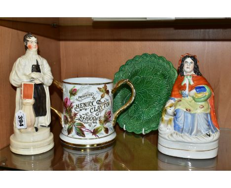 TWO VICTORIAN STAFFORDSHIRE POTTERY FIGURES AND TWO OTHER VICTORIAN CERAMIC ITEMS, comprising a Staffordshire pottery portrai