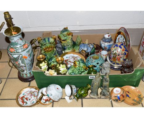 ONE BOX OF ORIENTAL CERAMICS, to include a table lamp, height 44cm, a pair if blue and green Chinese Foo dogs, height 21cm, a