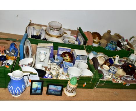 FIVE BOXES OF CERAMICS AND HOUSEHOLD ORNAMENTS, to include a box of cat ornaments, a collection of 'Crested Ware', a Poole Po