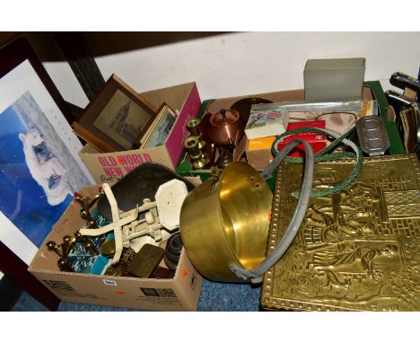THREE BOXES AND LOOSE METALWARES, PICTURES AND SUNDRY ITEMS, to include three boxed mid twentieth century Nagel modular candl