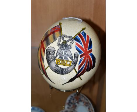 A PAINTED OSTRICH EGG, with the regimental insignia of King's Shropshire Light Infantry (1) (Condition Report: some scratches