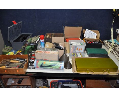 A COLLECTION OF AUTOMOTIVE TOOLS AND ACCESSORIES including a Halfords 6A smart charger, two other battery chargers, three soc