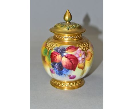 A ROYAL WORCESTER POT POURRI VASE AND COVER, by Kitty Blake, the vase of lobed form with pierced neck and cover, hand painted