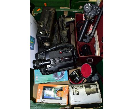 ONE BOX OF VINTAGE CAMERA EQUIPMENT, to include a Nikon PK-13 and PK-11A extension tube with case, a Minolta Viewfinder 5, a 