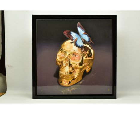 RORY HANCOCK (BRITISH 1987) 'BUTTERFLY KISS' a signed limited edition box canvas print of a skull 5/95, with certificate, app