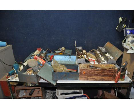 THREE TOOLBOXES AND A WOODEN TRAY CONTAINING TOOLS including a Rabone and Chesterman square, mole grips, pliers, screwdrivers