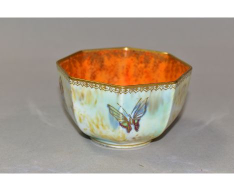 A WEDGWOOD BONE CHINA BUTTERFLY LUSTRE OCTAGONAL BOWL, pattern no. Z4832, mottled orange interior, mother of pearl lustre ext