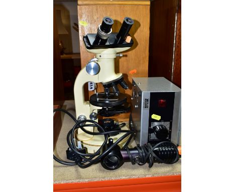 WILD HEERBRUGG M11 BINOCULAR MICROSCOPE, complete with wooden box Kohler lamp and power supply? untested (1)