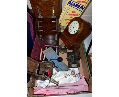 ONE BOX OF VINTAGE ITEMS TOGETHER WITH AN ENFIELD RAILWAY CLOCK, oak circular case, brass bezel, missing key, a vintage Chemi