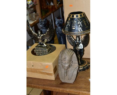 A GROUP OF EGYPTIAN THEMED HOMEWARES, comprising a boxed resin figure of a kneeling woman wearing winged costume, height 25cm