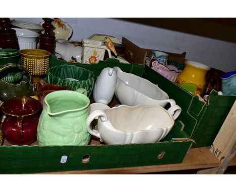 THREE BOXES OF CERAMICS, to include a quantity of mid - century Pottery planters and vases, two Sylvac 2489 Hyacinth planters