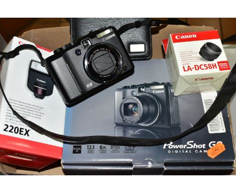 CANON POWERSHOT G9 DIGITAL CAMERA, together with box, case, instructions, batteries and charger, Speedlite 220EX flashgun, LA