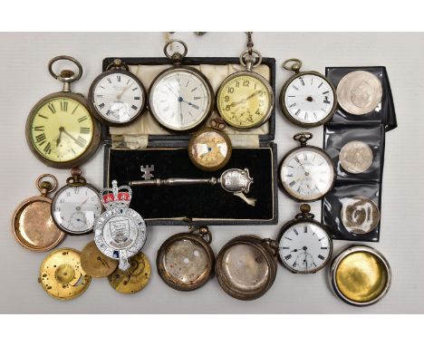 A BOX OF ASSORTED POCKET WATCHES AND ITEMS, to include a larger open face pocket watch, key wound, stamped 0.800 Swiss contro