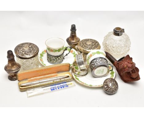 A BOX OF SILVER, COLLECTABLES, ETC, including a pair of Foley China coffee cans and saucers, the cans in pierced silver holde