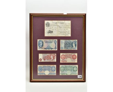 A FRAMED DISPLAY OF SEVERN UK BANKNOTES, with Bank of England Sept 1944 London white Five Pound Peppiatt, a 1957 Helmeted L K