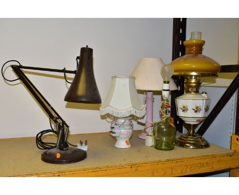 AN ANGLEPOISE LAMP AND FOUR OTHER LAMPS, comprising a brown Anglepoise adjustable desk lamp, having circular base, marked Ang