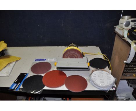 A BURGESS BSM-175 7in DISC SANDER with various grades of spare sanding disc and self adhesive hook and eye replacement pads (