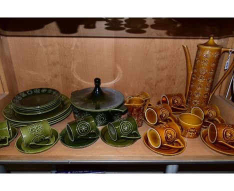 AN AMBER PORTMEIRION TOTEM PATTERN COFFEE SET TOGETHER WITH GREEN TOTEM DINNER WARES,  comprising one coffee pot, six cups, s