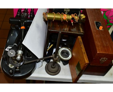 A COLLECTION OF VINTAGE MICROSCOPY AND SCIENTIFIC EQUIPMENT, to include a Cambridge Rocking Microtome with operating instruct