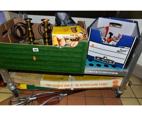 THREE BOXES AND LOOSE SUNDRY ITEMS ETC, to include four vintage butlers bells, a pair of brass candlesticks, brass letterbox,