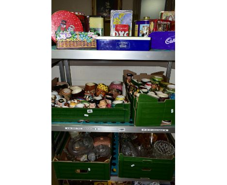 FOUR BOXES AND LOOSE CERAMICS, GLASS AND TINS ETC, two boxes of Character and Toby jugs, brands include Roy Kirkham, Tony Woo