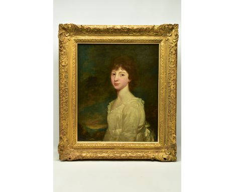 18TH CENTURY ENGLISH SCHOOL, half-length portrait of a female figure before a landscape backdrop, no visible signature, stenc