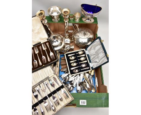 A BOX OF ASSORTED WHITE METAL WARE, to include a pair of silver on copper candlesticks, a silver on copper basket with blue g