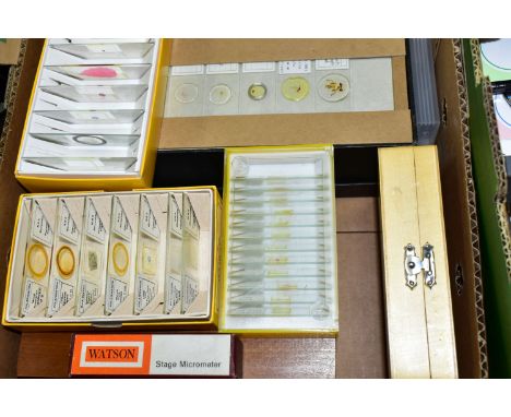 A BOX CONTAINING SMALL BOXES OF PREPARED MICROSCOPE SLIDES, subjects include botanical specimens, Zoology - fleas, mosquito, 