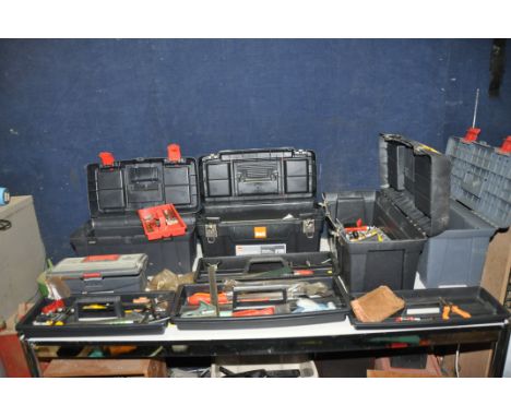 FIVE PLASTIC TOOLBOXES CONTAINING TOOLS including Rabone and Chesterman engineers square and Tri square, dividers, compasses,