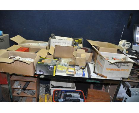 NINE BOXES OF TOOLS AND ACCESSORIES including Forstner bits, two glue guns, a vintage blow torch, a modern blow torch, a tile