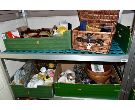 THREE BOXES AND LOOSE KITCHEN WARES AND SUNDRIES ETC, to include four Royal Worcester 'Somerset Fruits' plates, salt glazed c