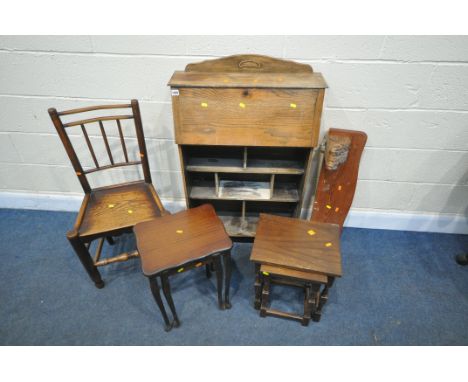 A SELECTION OF OCCASIONAL FURNITURE, to include a slim oak fall front bureau, 68cm x depth 24cm x height 110cm, an oak nest o