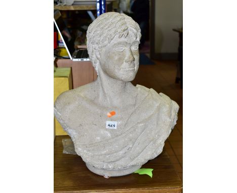 A RECONSTITUTED STONE BUST, of a young man, on a socle base, approximate height 50cm, heavy (1) (Condition Report: appears ok