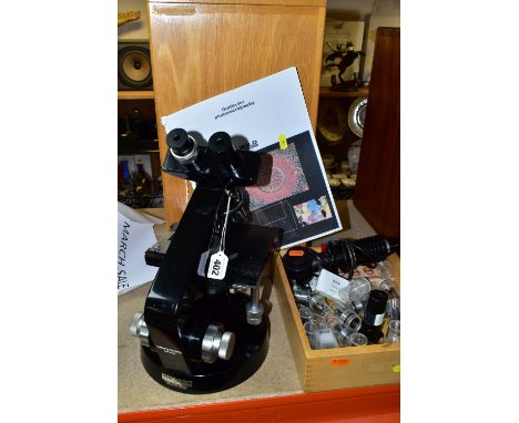 WILD HEERBRUGG M12 BINOCULAR MICROSCOPE, complete with wooden box, Kohler lamp and box of accessories to include various magn