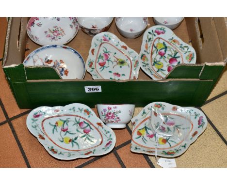 A COLLECTION OF LATE 18TH AND 19TH CENTURY CHINESE PORCELAIN, comprising four famille rose footed dishes, decorated with frui